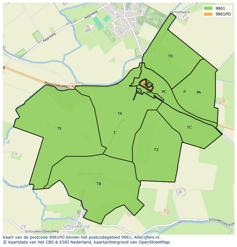 Afbeelding van het postcodegebied 9961 PD op de kaart.