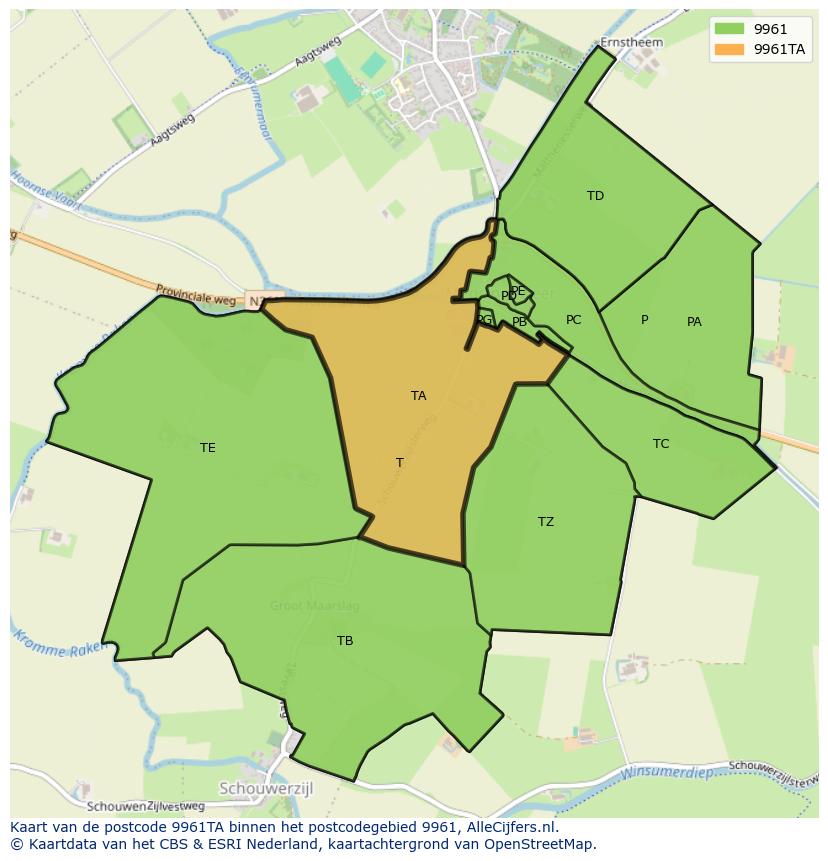 Afbeelding van het postcodegebied 9961 TA op de kaart.