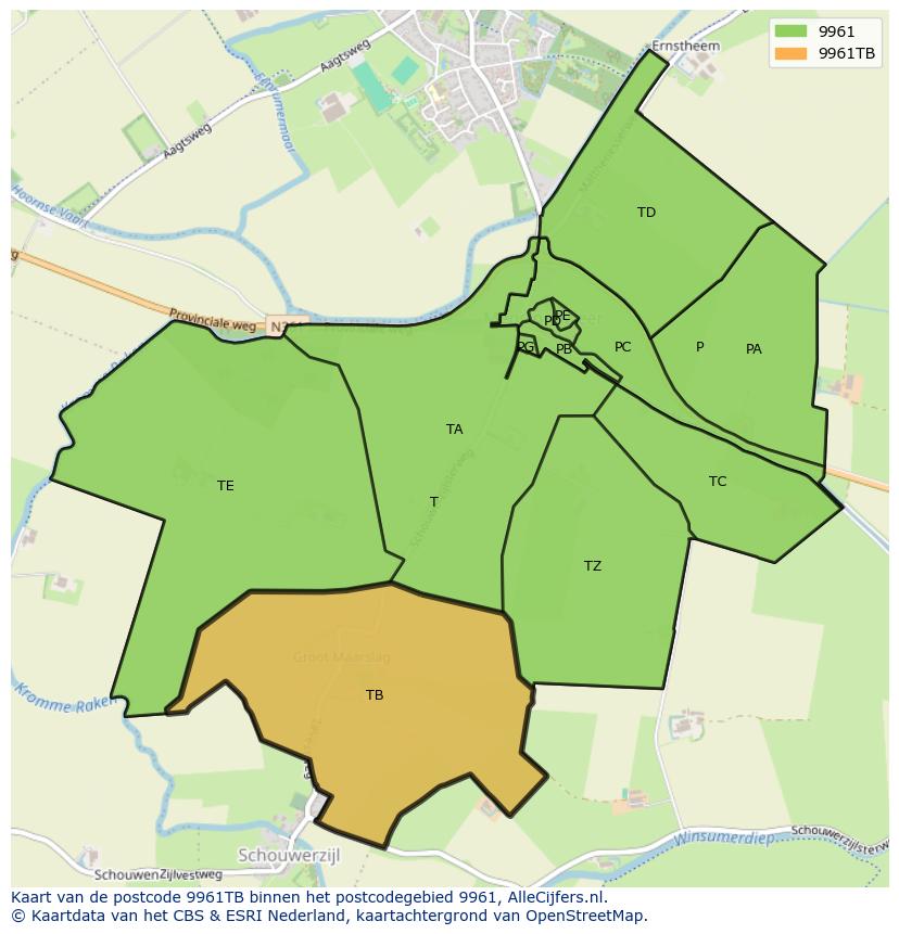 Afbeelding van het postcodegebied 9961 TB op de kaart.