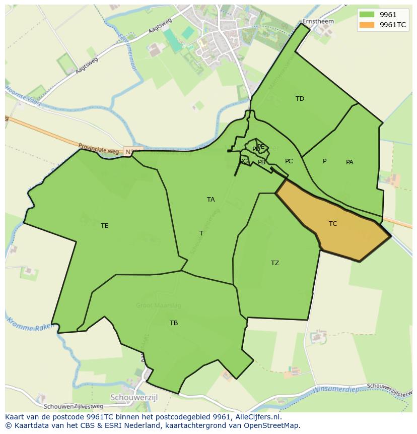 Afbeelding van het postcodegebied 9961 TC op de kaart.