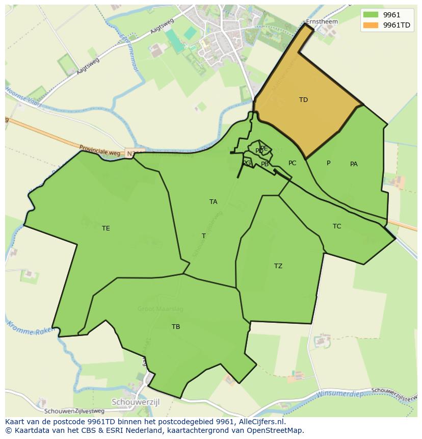 Afbeelding van het postcodegebied 9961 TD op de kaart.