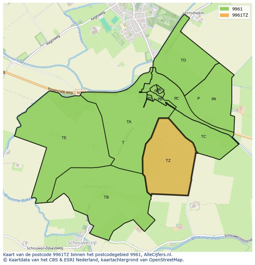 Afbeelding van het postcodegebied 9961 TZ op de kaart.