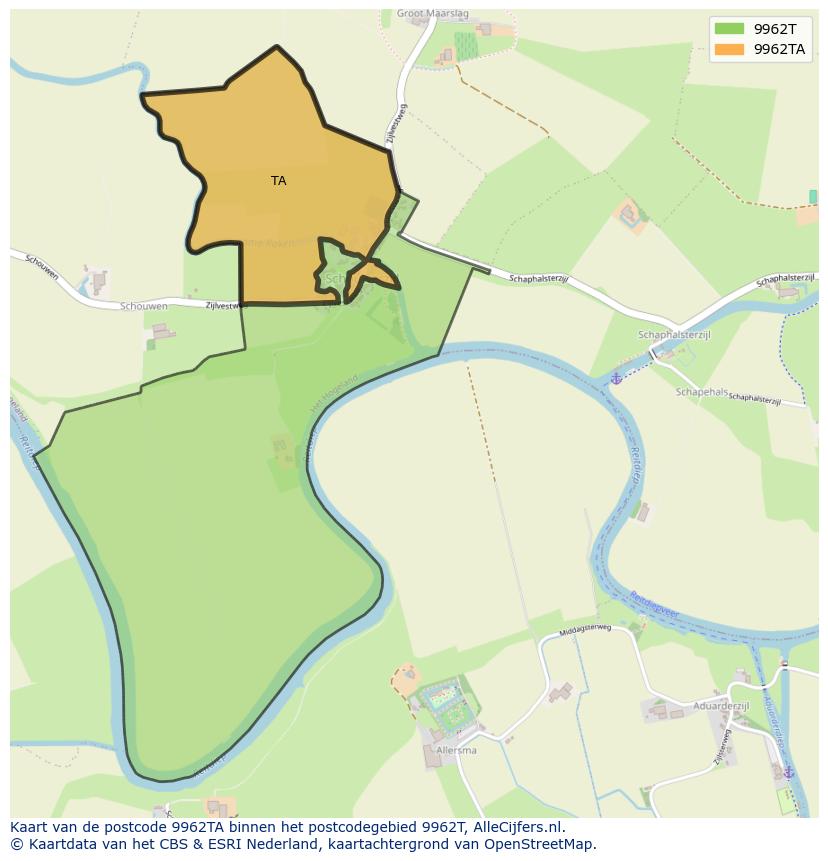 Afbeelding van het postcodegebied 9962 TA op de kaart.