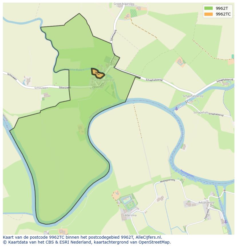 Afbeelding van het postcodegebied 9962 TC op de kaart.