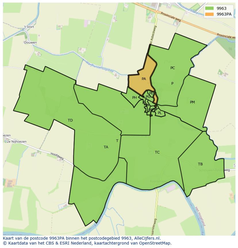 Afbeelding van het postcodegebied 9963 PA op de kaart.