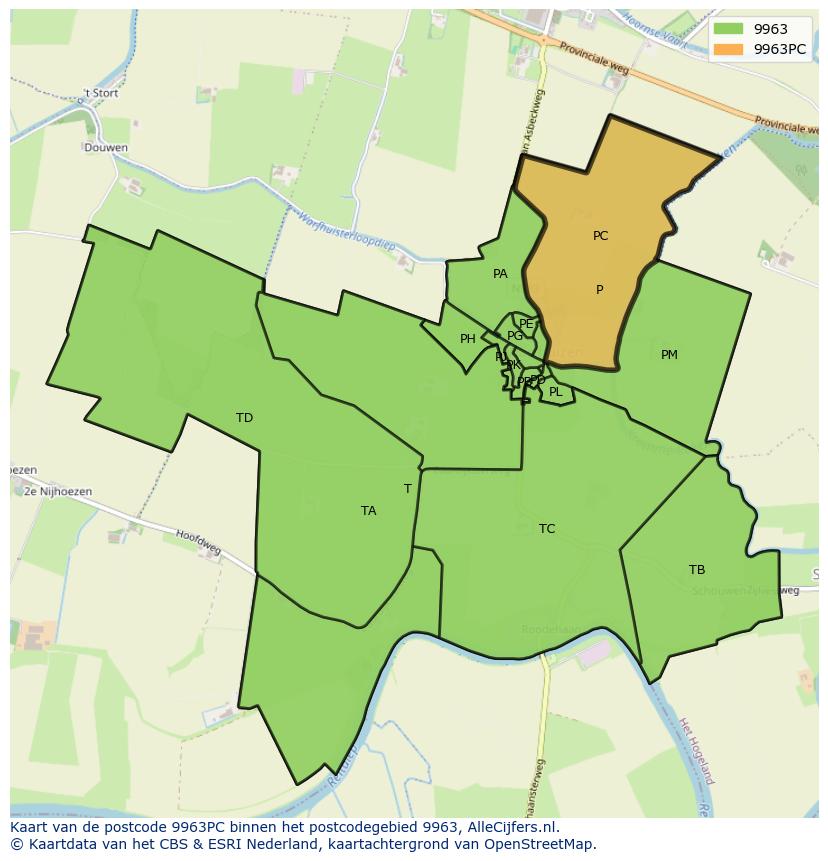 Afbeelding van het postcodegebied 9963 PC op de kaart.