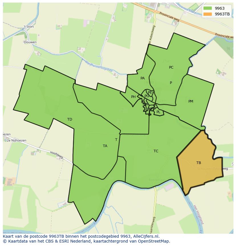 Afbeelding van het postcodegebied 9963 TB op de kaart.