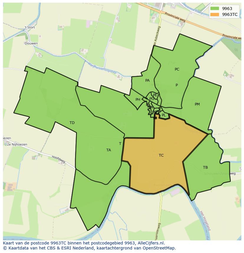 Afbeelding van het postcodegebied 9963 TC op de kaart.