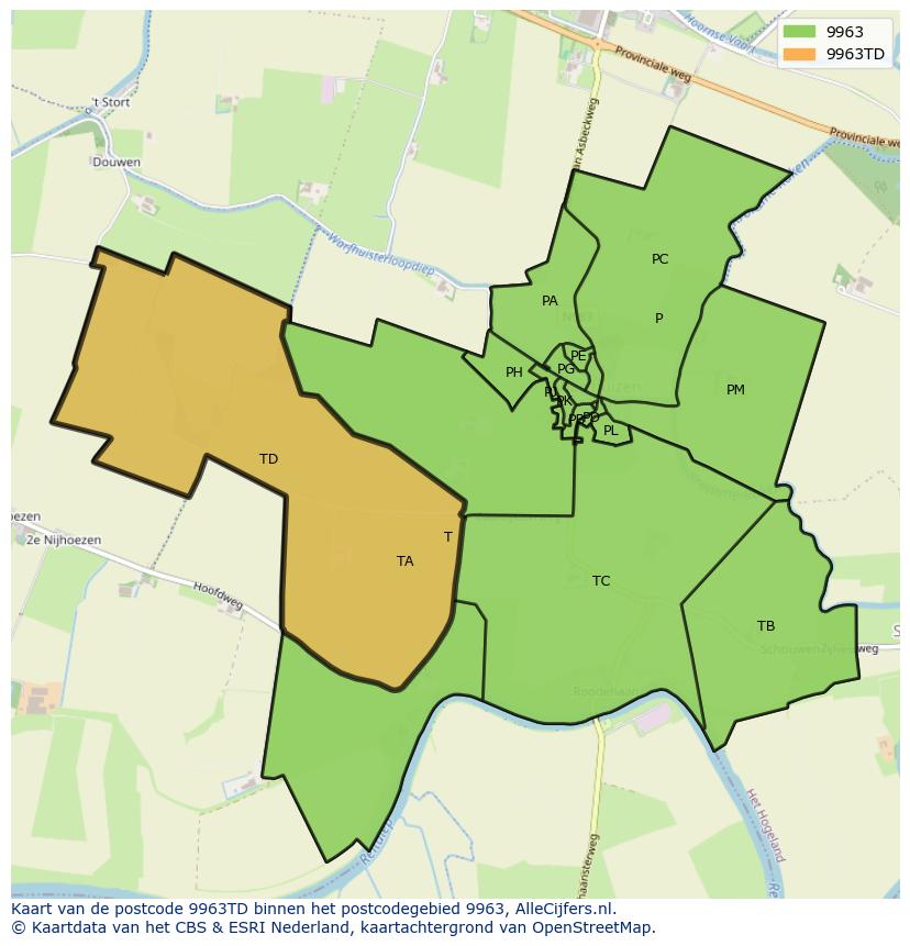 Afbeelding van het postcodegebied 9963 TD op de kaart.