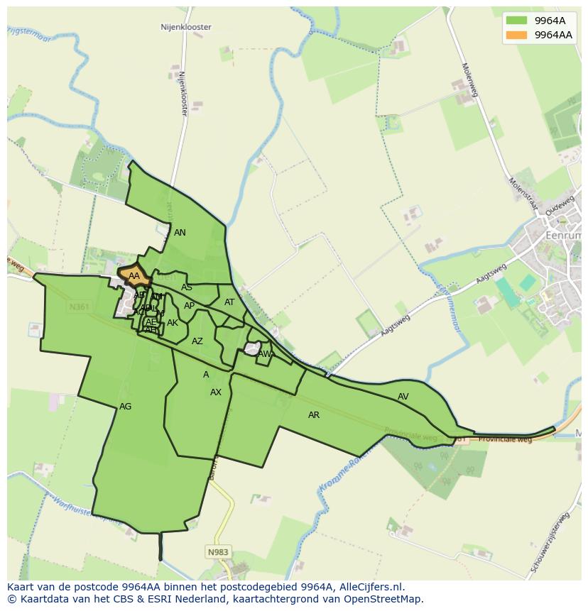 Afbeelding van het postcodegebied 9964 AA op de kaart.