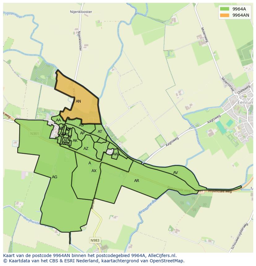 Afbeelding van het postcodegebied 9964 AN op de kaart.