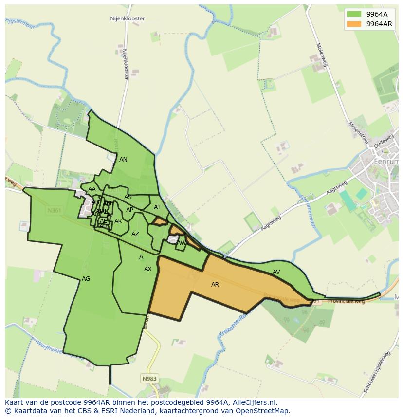 Afbeelding van het postcodegebied 9964 AR op de kaart.