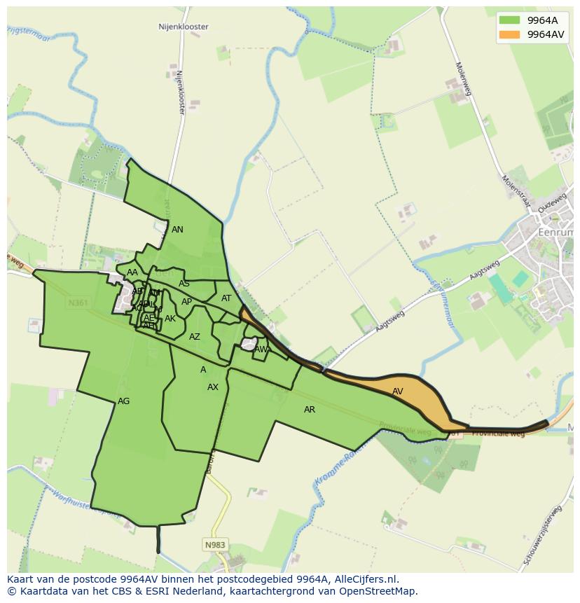 Afbeelding van het postcodegebied 9964 AV op de kaart.