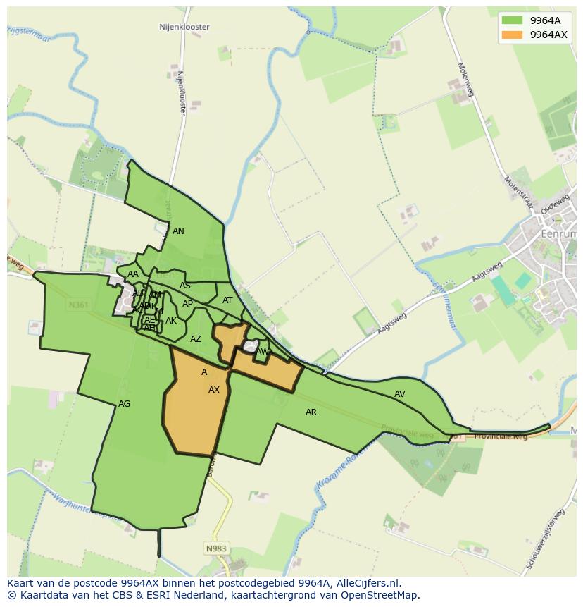 Afbeelding van het postcodegebied 9964 AX op de kaart.
