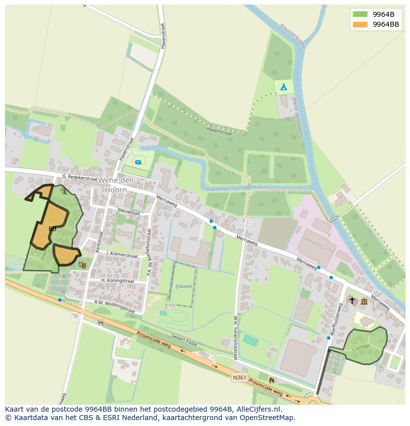 Afbeelding van het postcodegebied 9964 BB op de kaart.