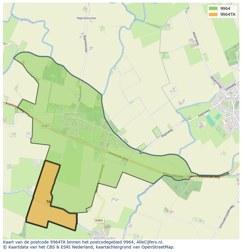 Afbeelding van het postcodegebied 9964 TA op de kaart.