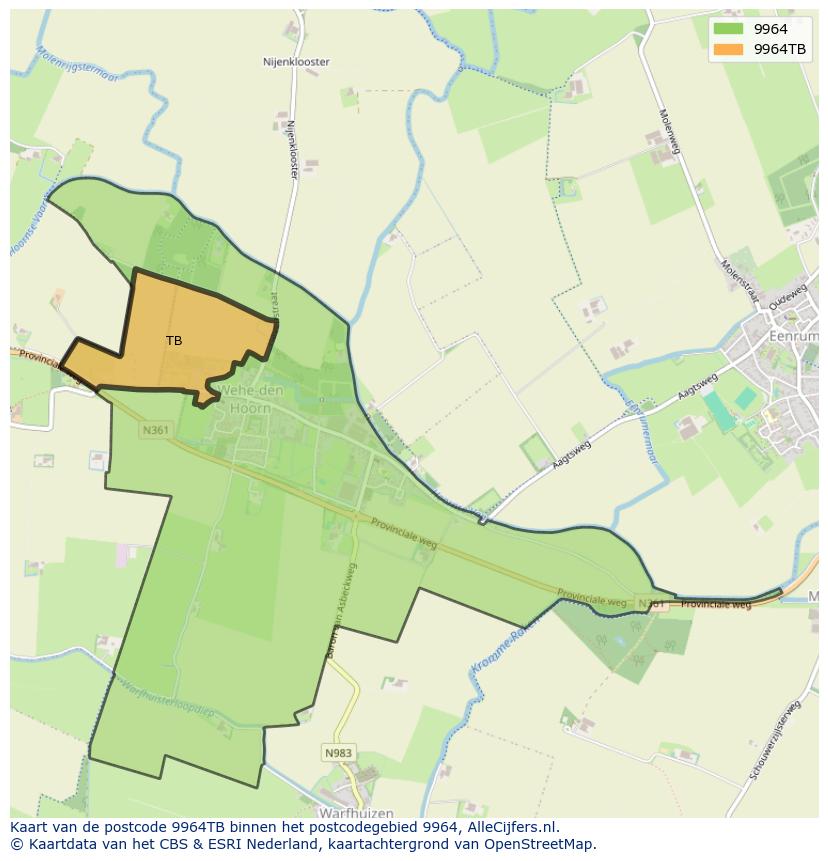 Afbeelding van het postcodegebied 9964 TB op de kaart.