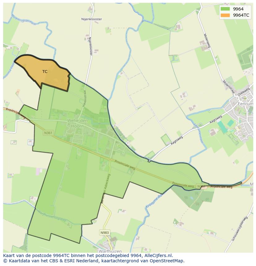 Afbeelding van het postcodegebied 9964 TC op de kaart.