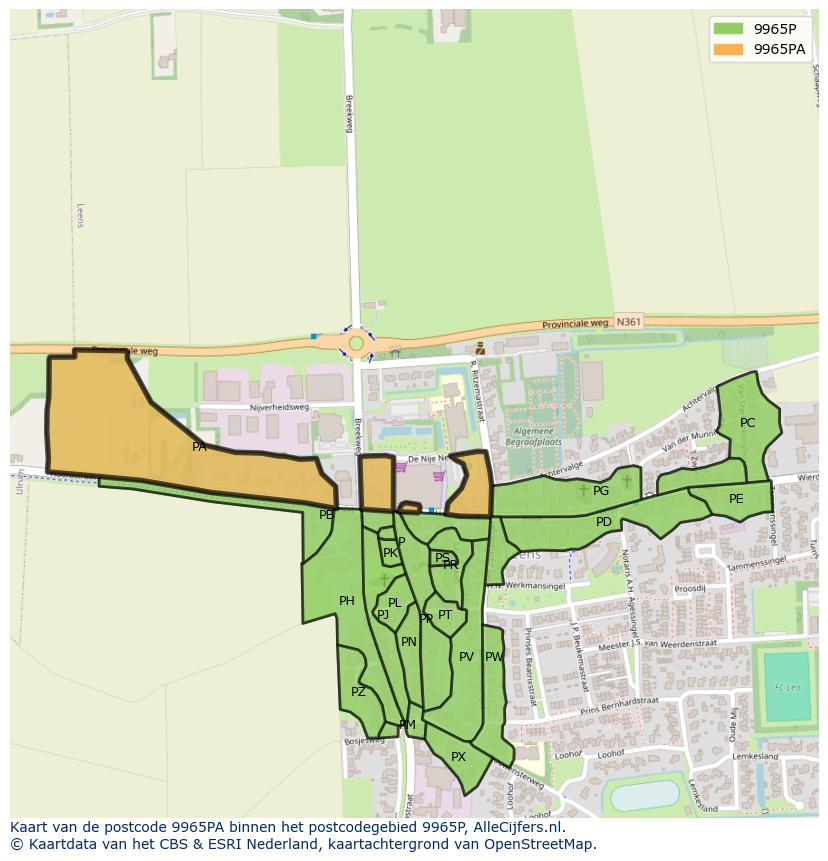 Afbeelding van het postcodegebied 9965 PA op de kaart.
