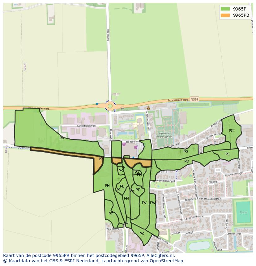 Afbeelding van het postcodegebied 9965 PB op de kaart.