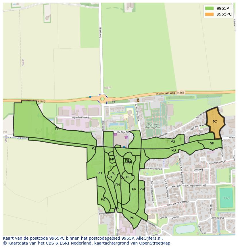 Afbeelding van het postcodegebied 9965 PC op de kaart.