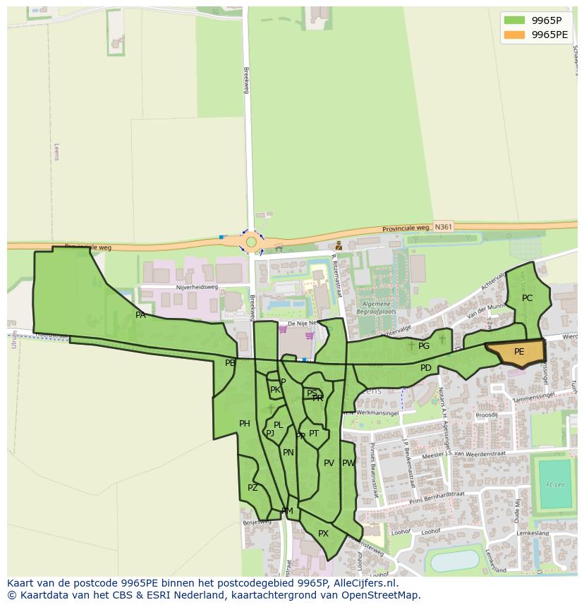 Afbeelding van het postcodegebied 9965 PE op de kaart.