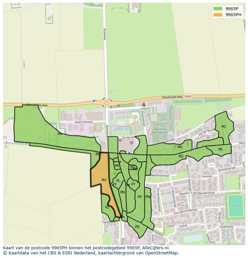 Afbeelding van het postcodegebied 9965 PH op de kaart.