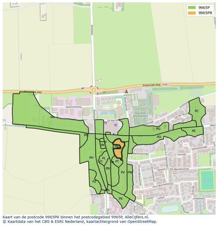 Afbeelding van het postcodegebied 9965 PR op de kaart.