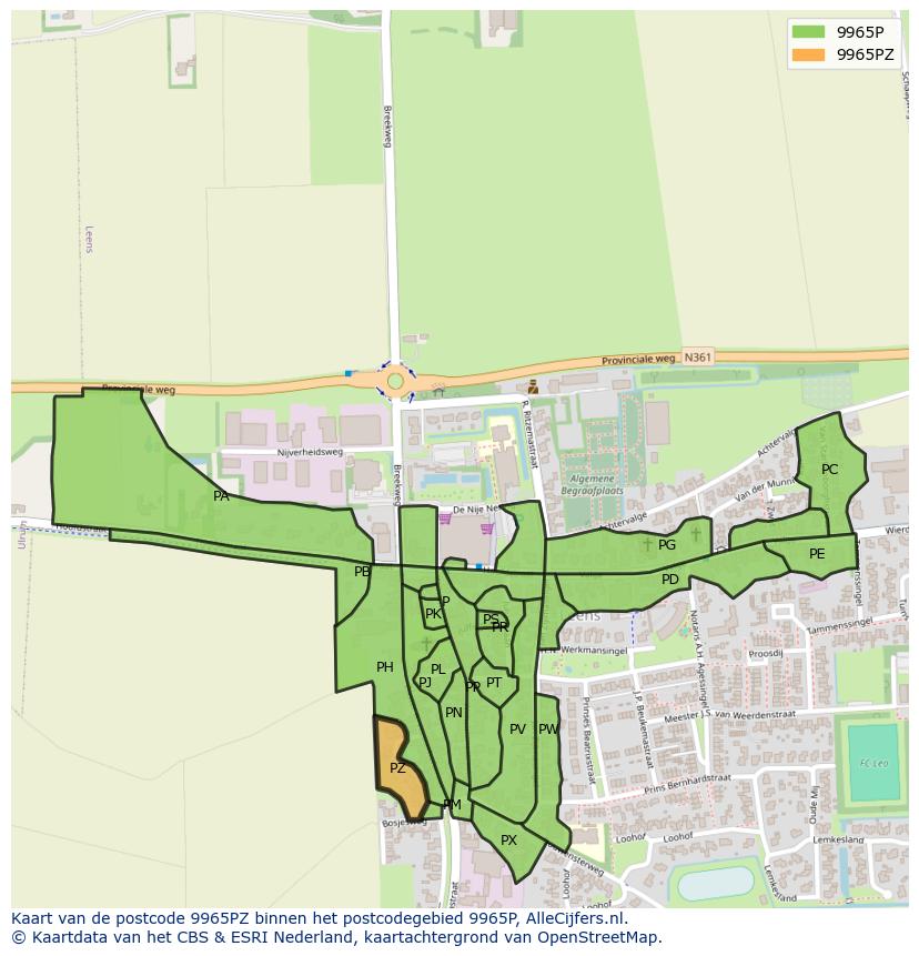 Afbeelding van het postcodegebied 9965 PZ op de kaart.