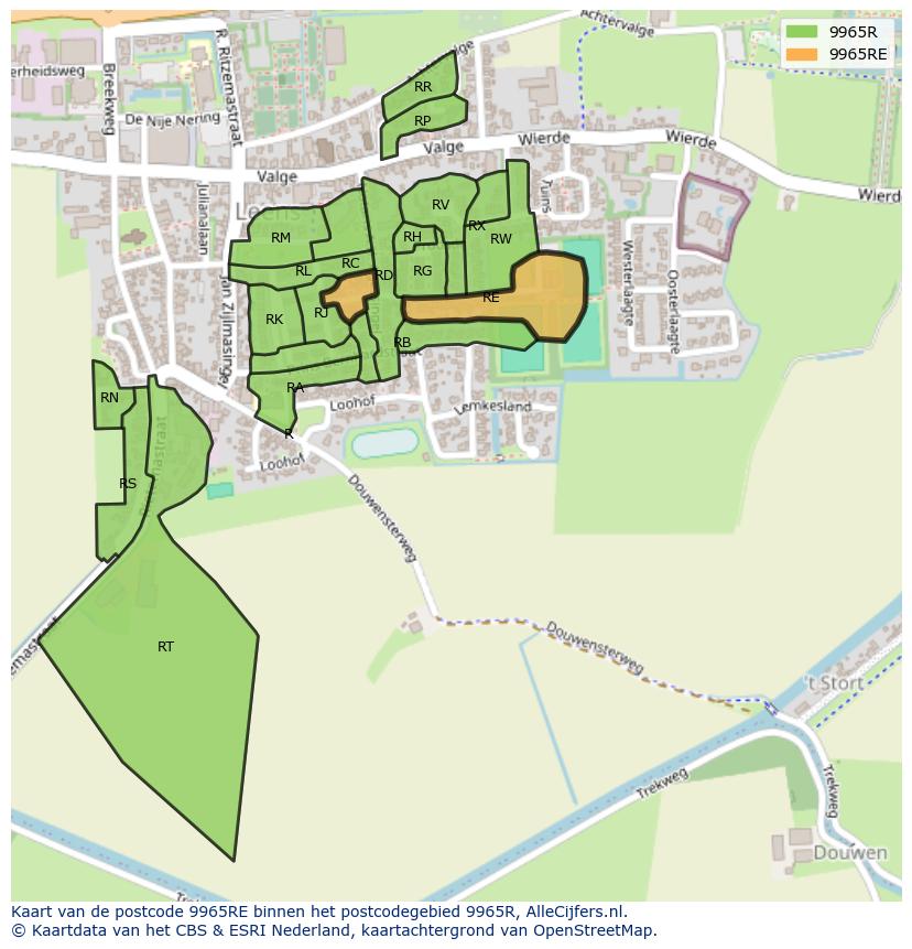 Afbeelding van het postcodegebied 9965 RE op de kaart.