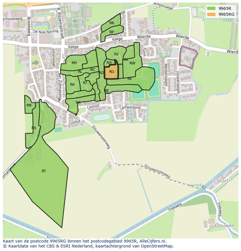 Afbeelding van het postcodegebied 9965 RG op de kaart.