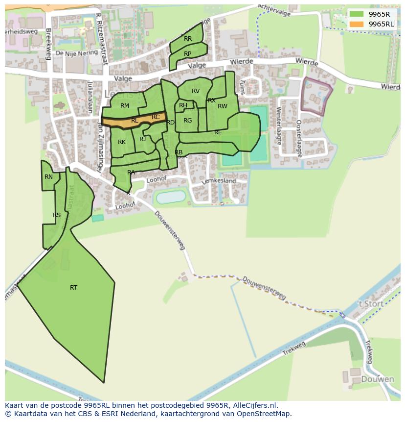 Afbeelding van het postcodegebied 9965 RL op de kaart.