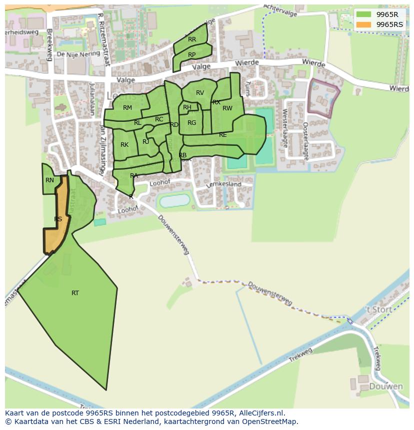 Afbeelding van het postcodegebied 9965 RS op de kaart.