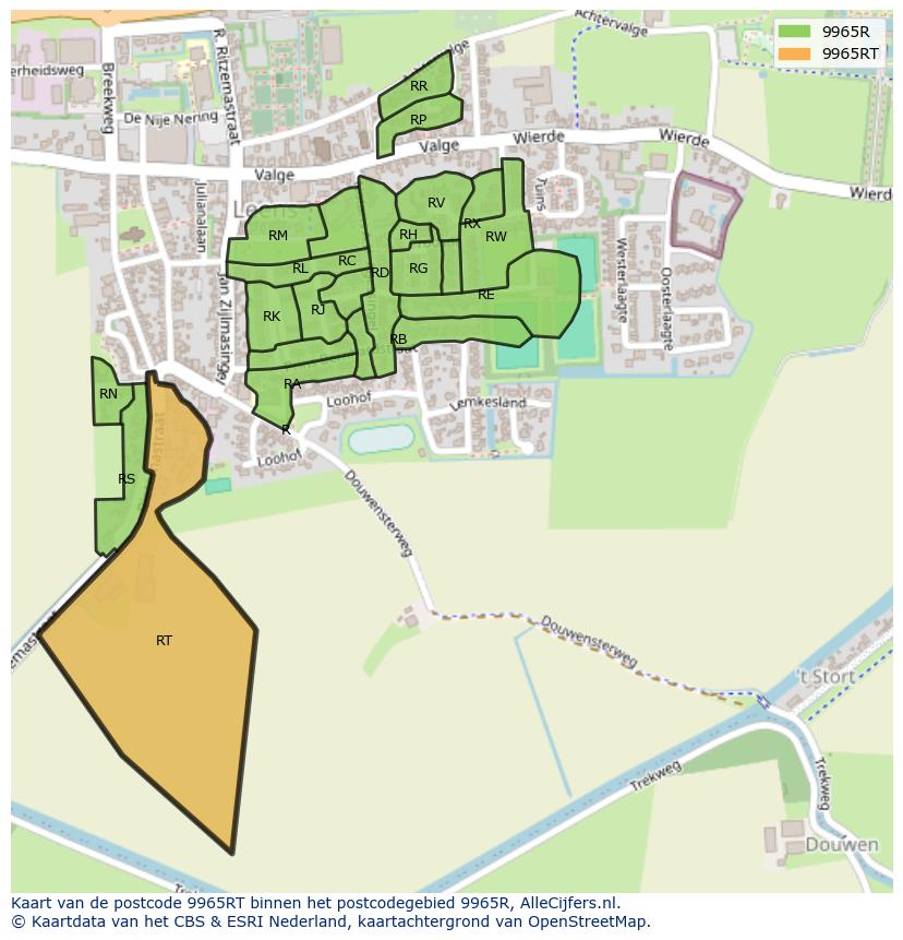 Afbeelding van het postcodegebied 9965 RT op de kaart.
