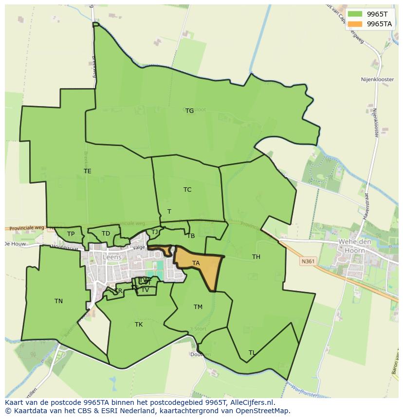 Afbeelding van het postcodegebied 9965 TA op de kaart.