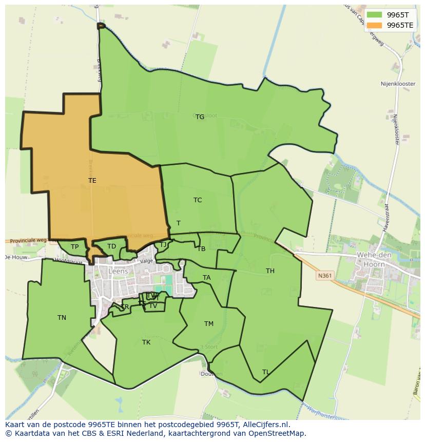 Afbeelding van het postcodegebied 9965 TE op de kaart.