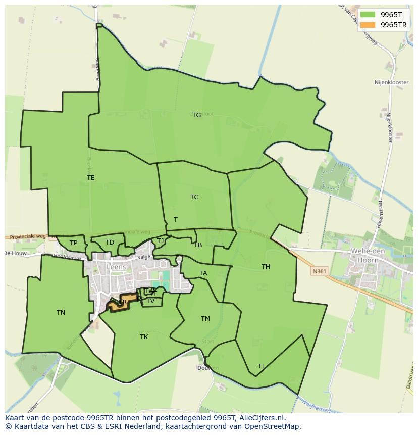 Afbeelding van het postcodegebied 9965 TR op de kaart.