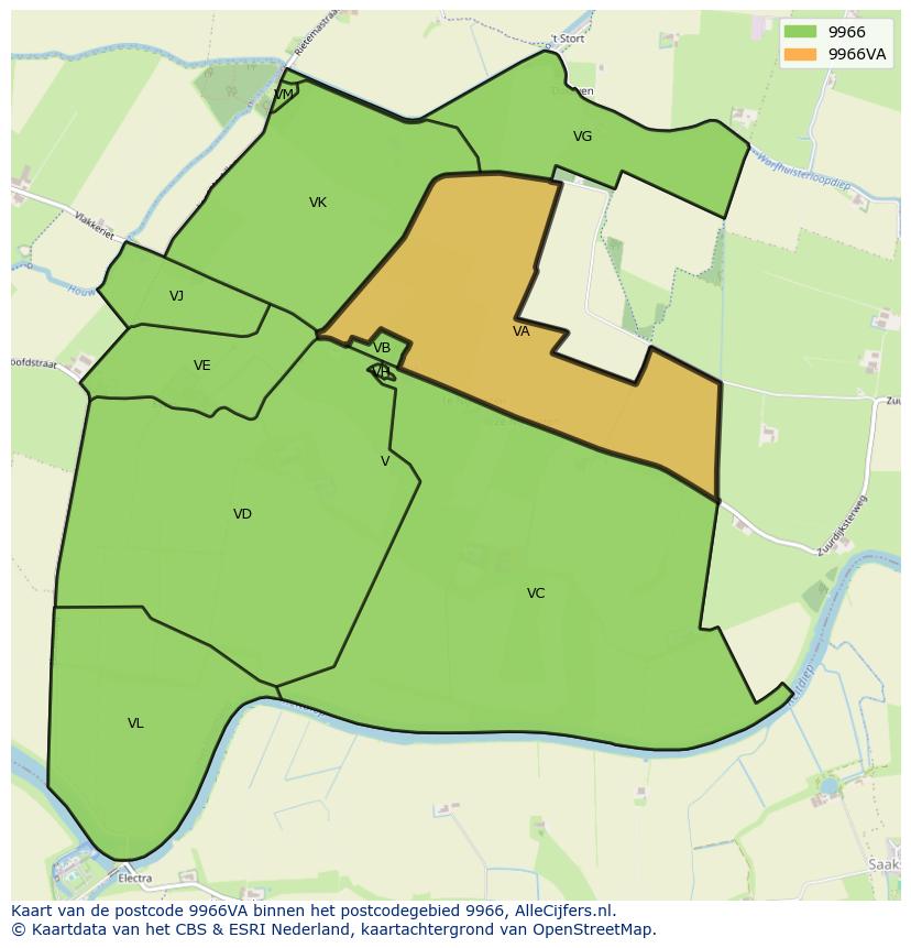 Afbeelding van het postcodegebied 9966 VA op de kaart.