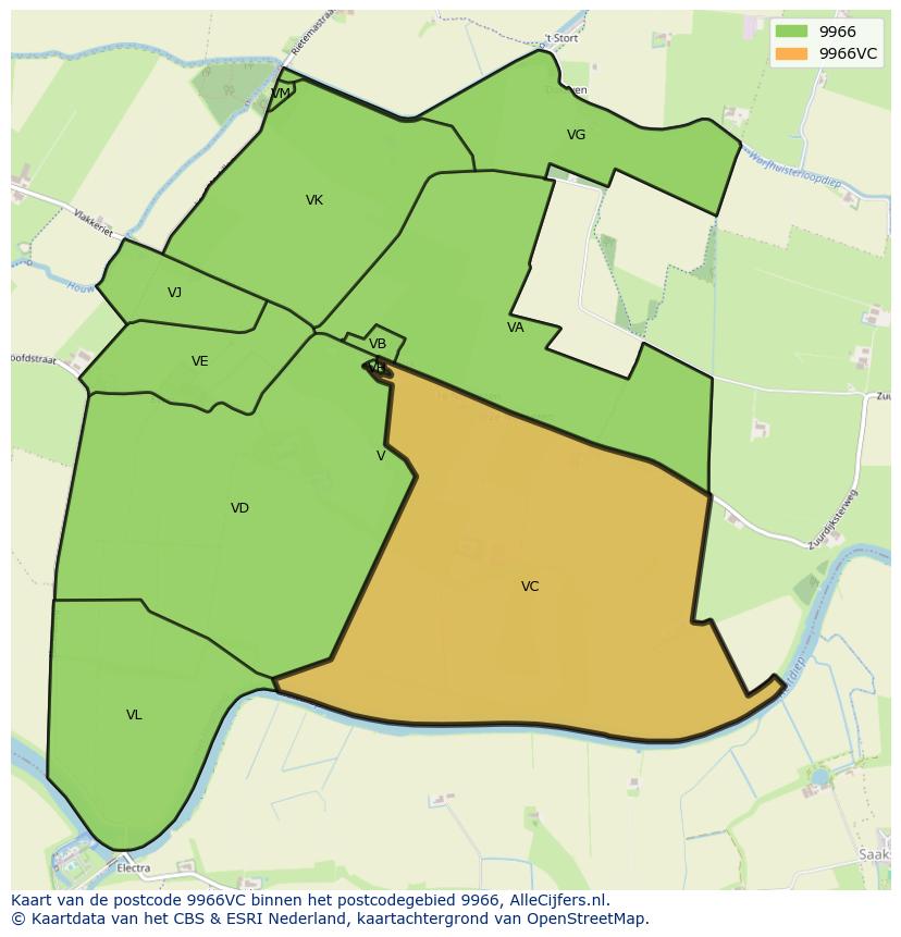 Afbeelding van het postcodegebied 9966 VC op de kaart.
