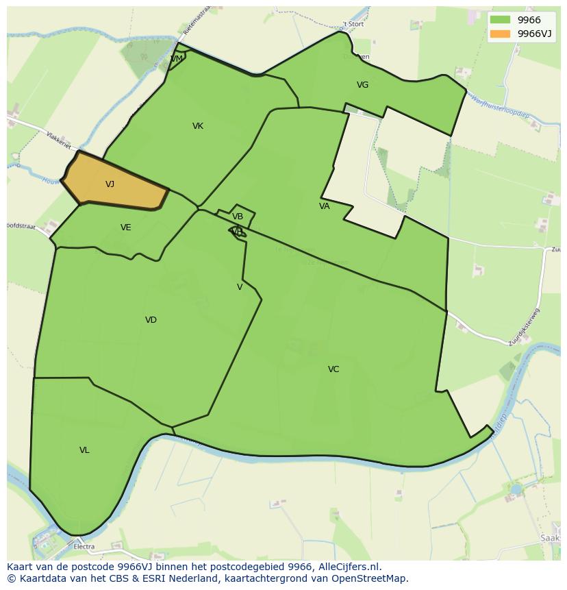 Afbeelding van het postcodegebied 9966 VJ op de kaart.