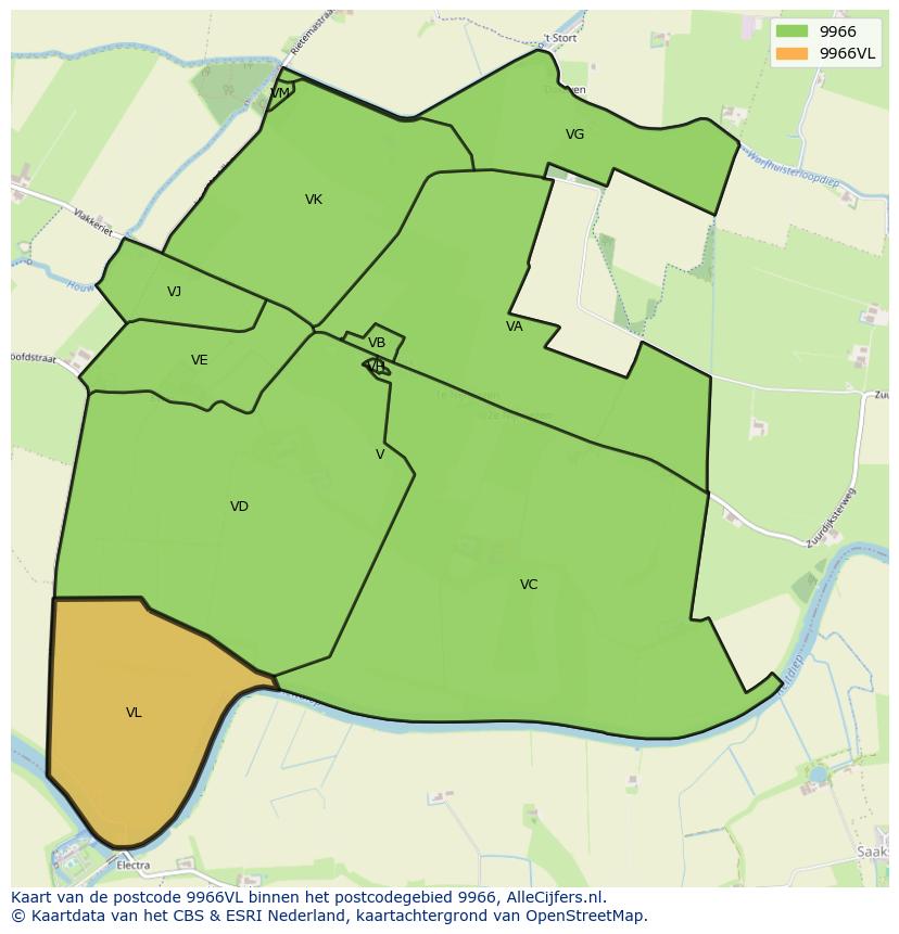 Afbeelding van het postcodegebied 9966 VL op de kaart.