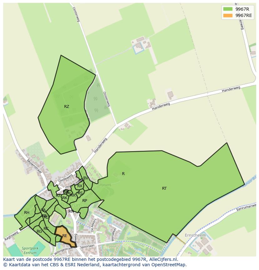 Afbeelding van het postcodegebied 9967 RE op de kaart.