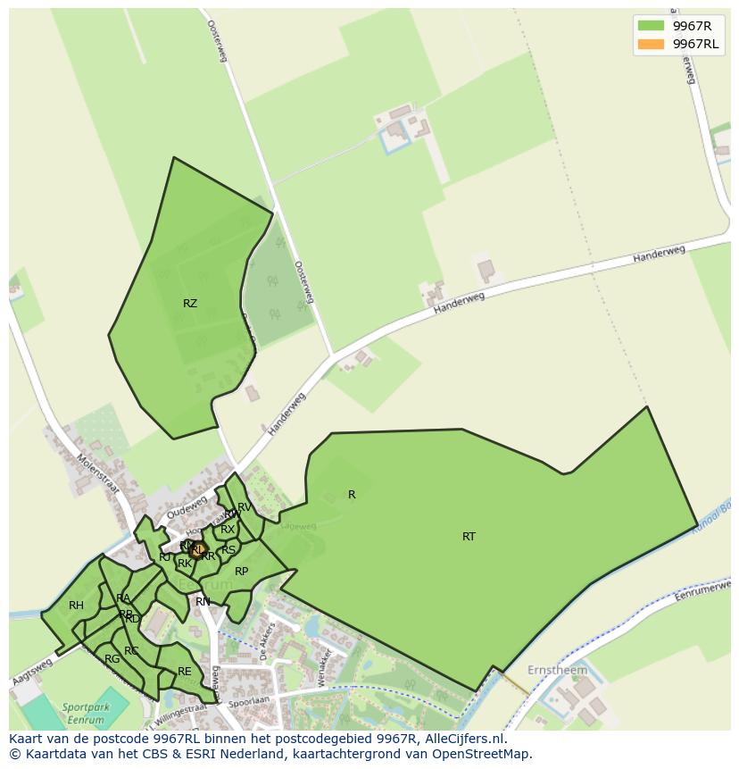 Afbeelding van het postcodegebied 9967 RL op de kaart.