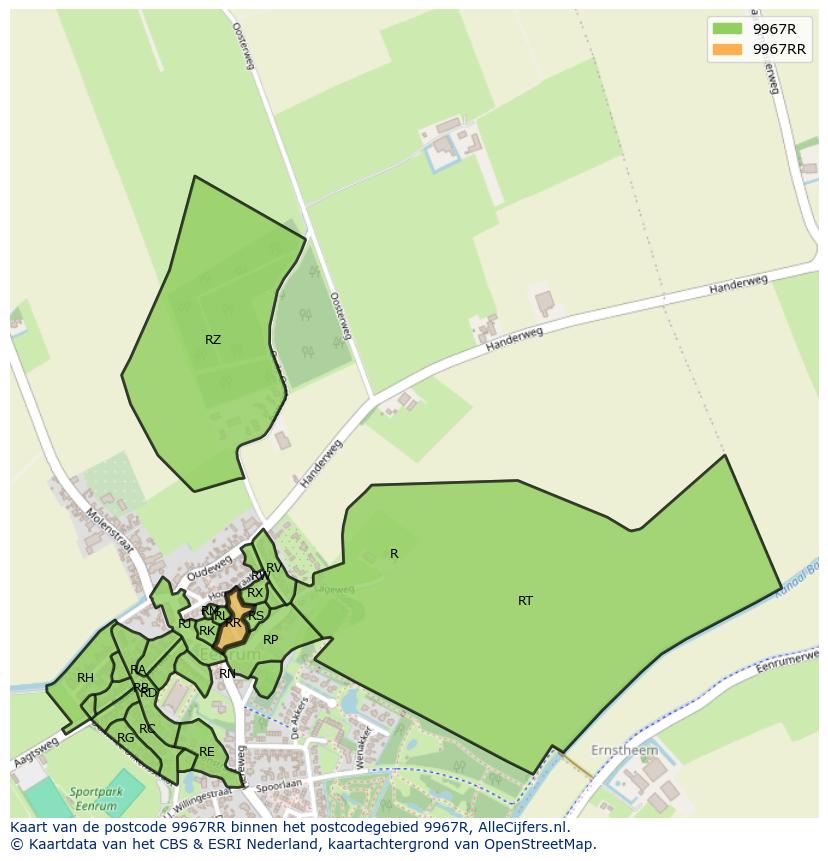 Afbeelding van het postcodegebied 9967 RR op de kaart.