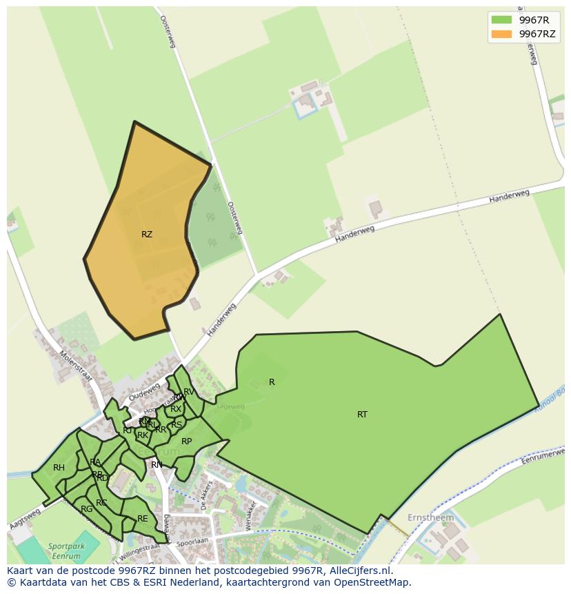 Afbeelding van het postcodegebied 9967 RZ op de kaart.