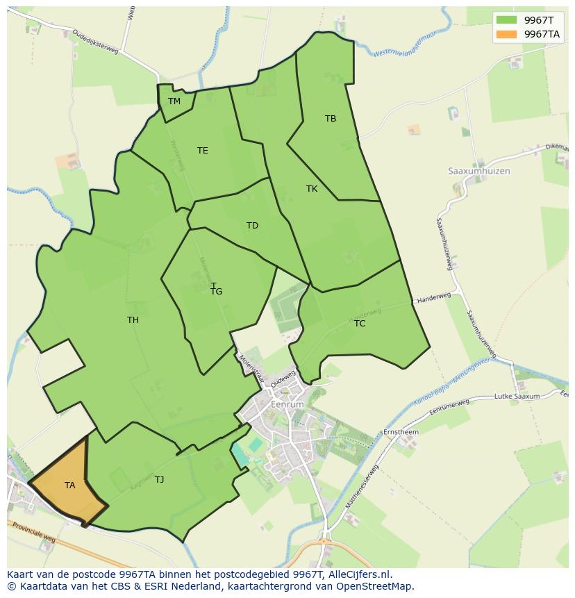 Afbeelding van het postcodegebied 9967 TA op de kaart.