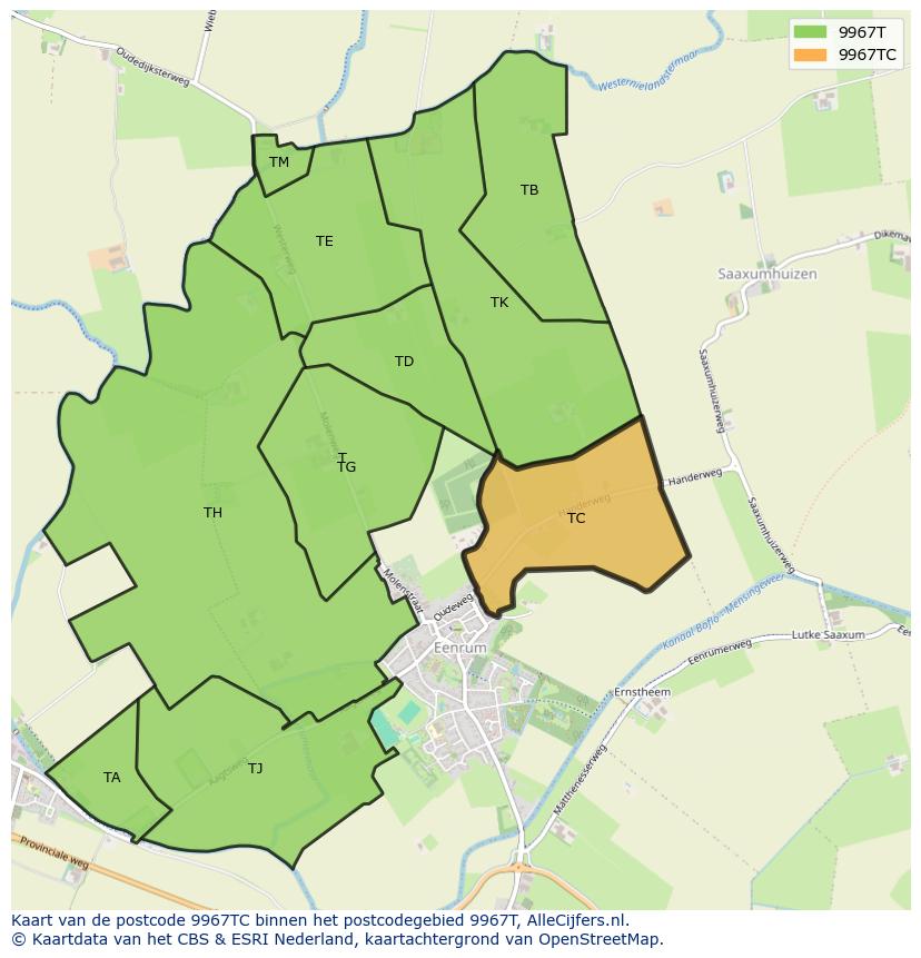 Afbeelding van het postcodegebied 9967 TC op de kaart.