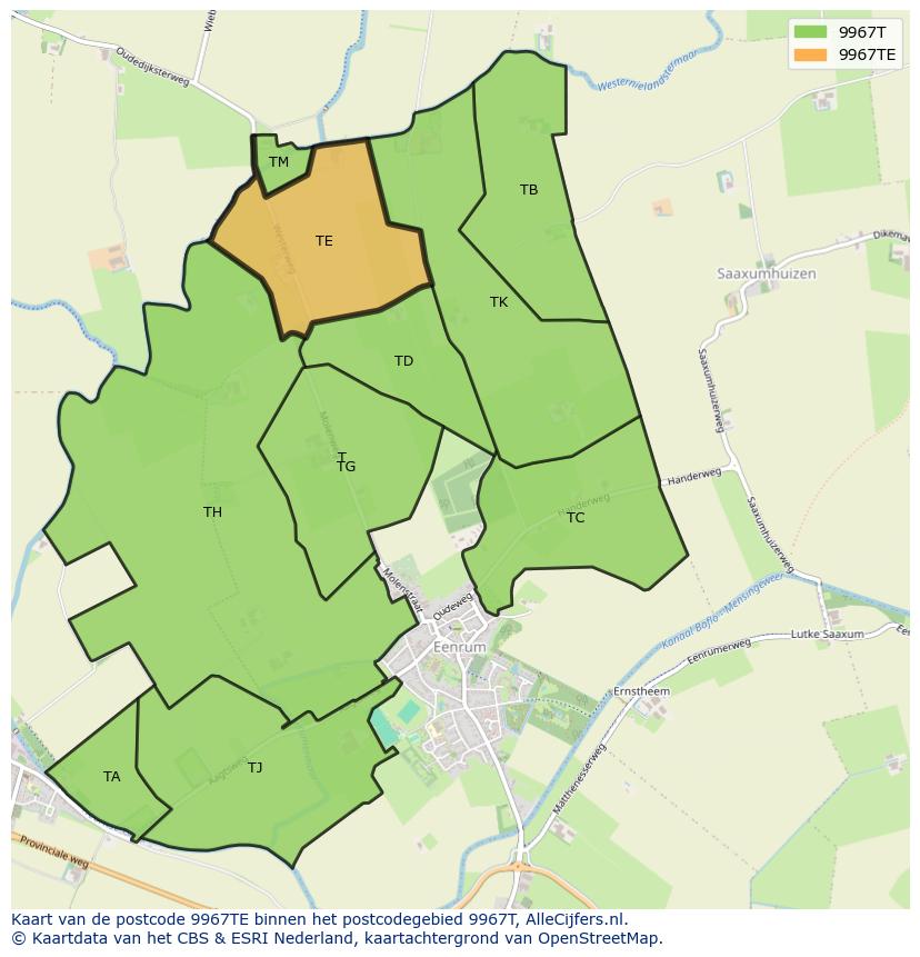 Afbeelding van het postcodegebied 9967 TE op de kaart.