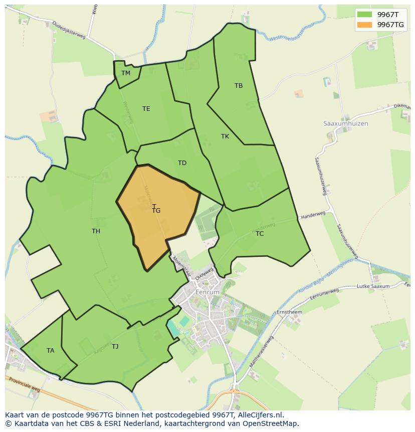 Afbeelding van het postcodegebied 9967 TG op de kaart.