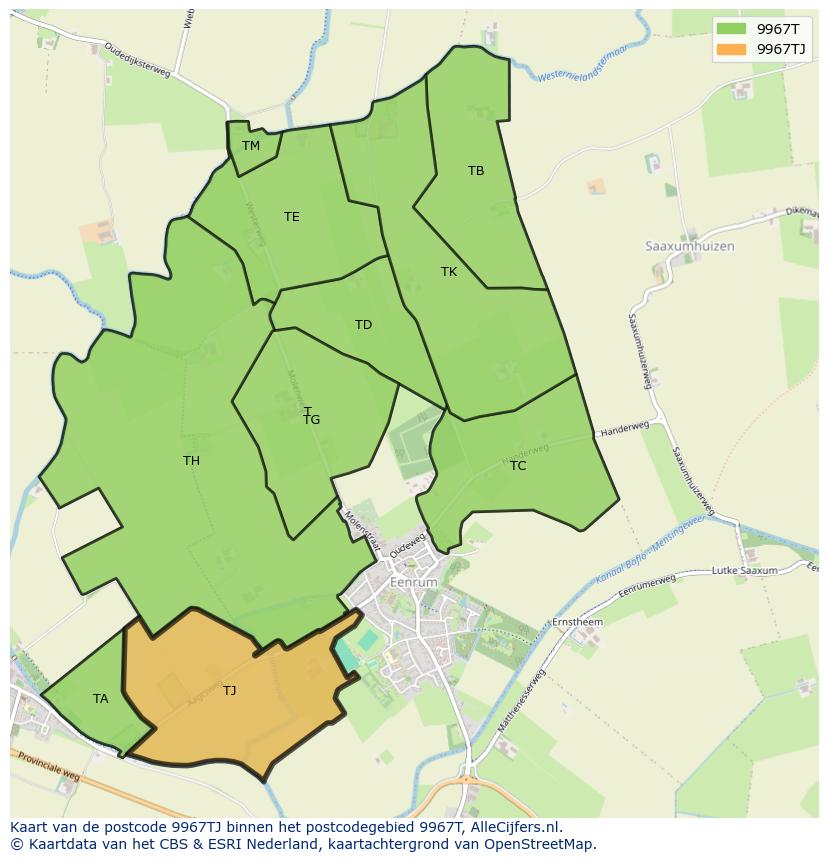 Afbeelding van het postcodegebied 9967 TJ op de kaart.